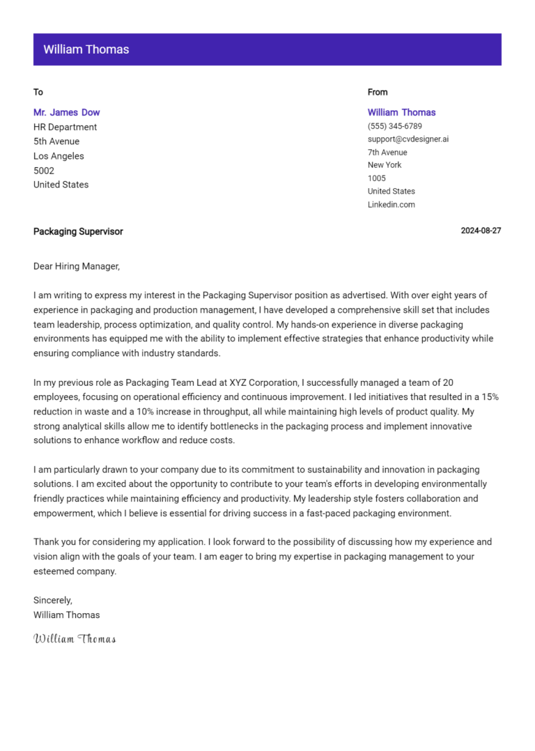 6 Packaging Supervisor Cover Letter Examples for 2025 (Free Templates)
