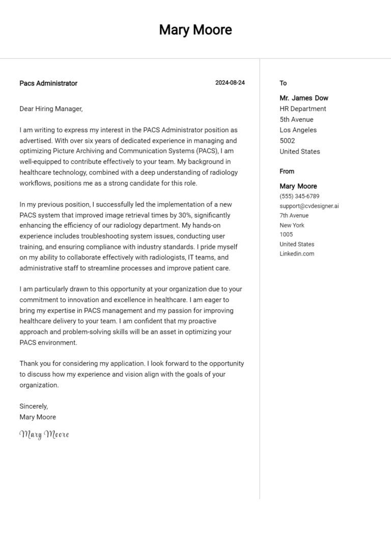 Pacs Administrator Cover Letter Example for 2025 (Complete Writing Guide)
