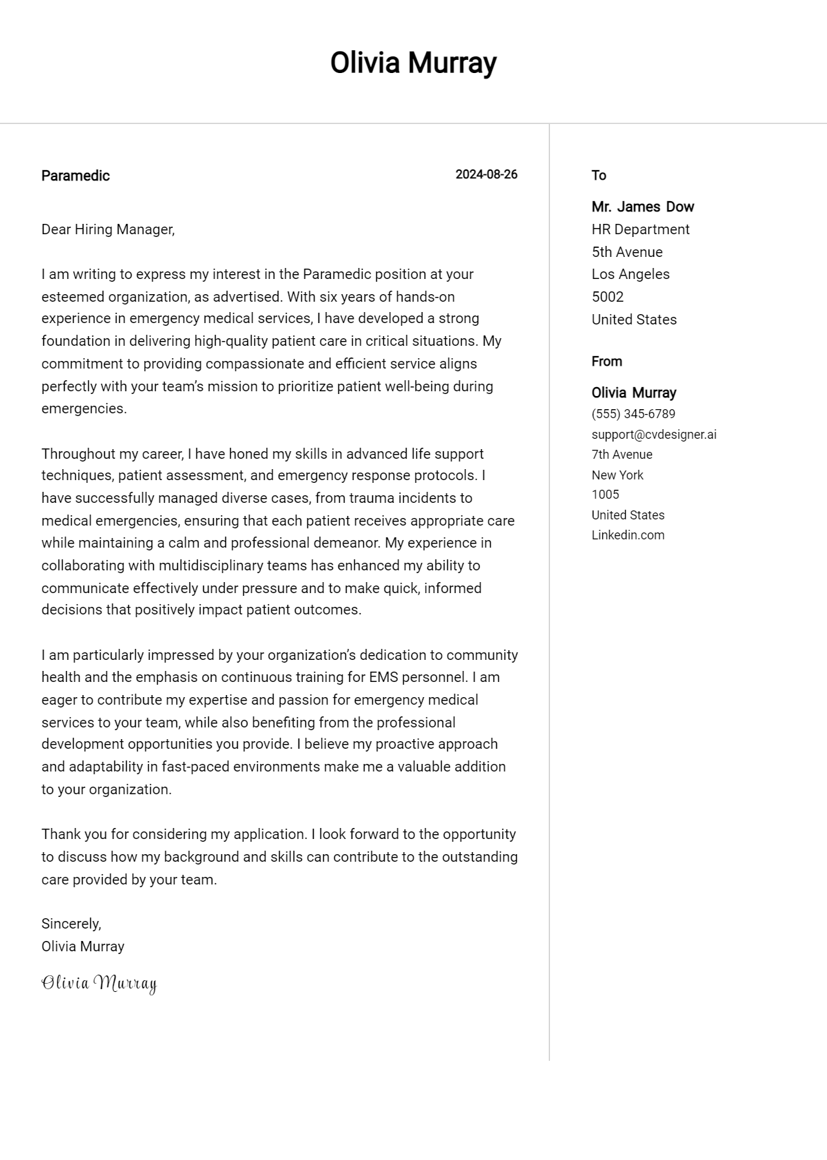 paramedic cover letter example