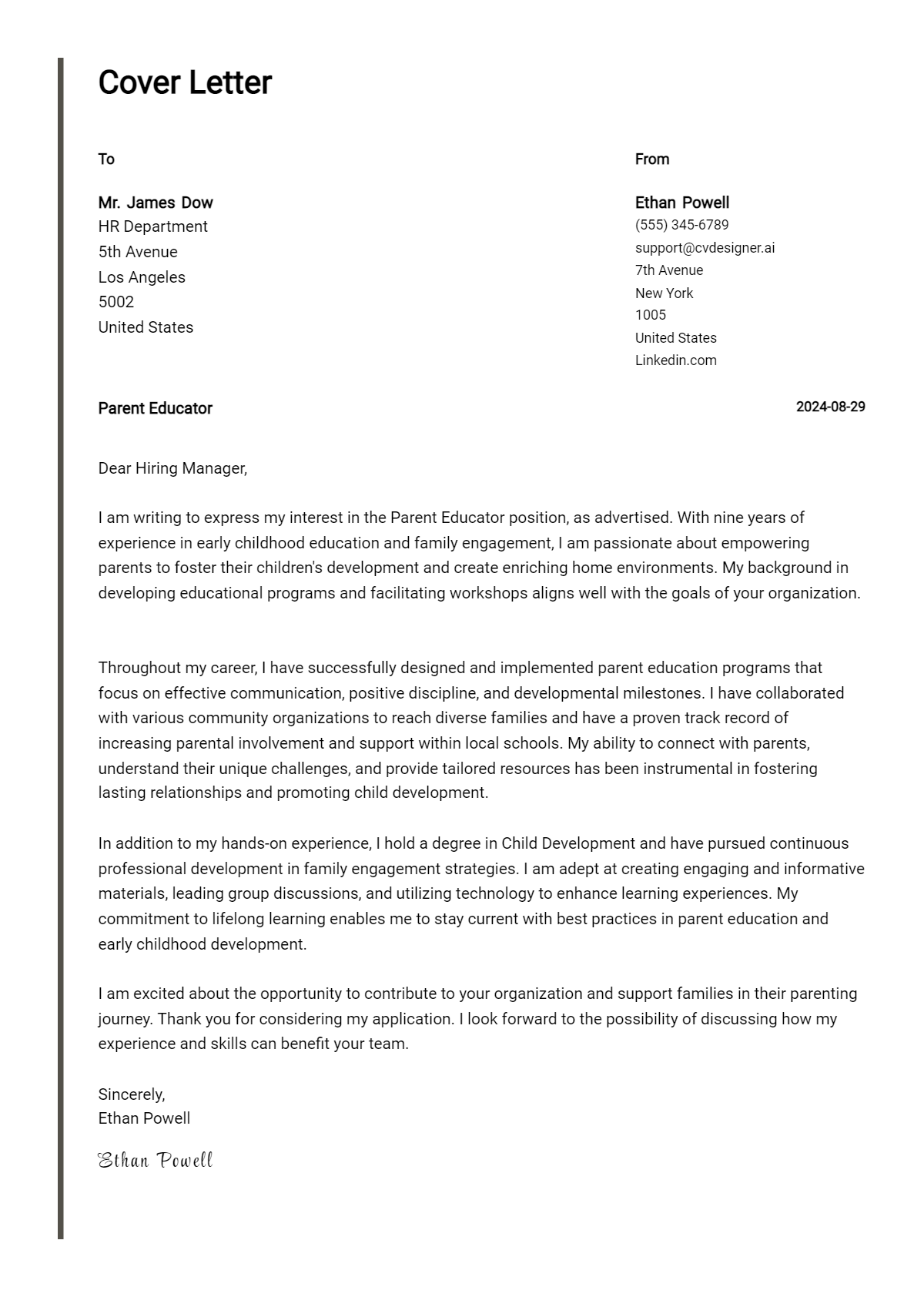 parent educator cover letter example