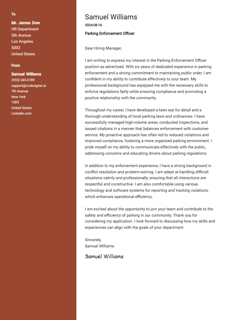 Parking Enforcement Officer Cover Letter Example for 2025: Free Templates