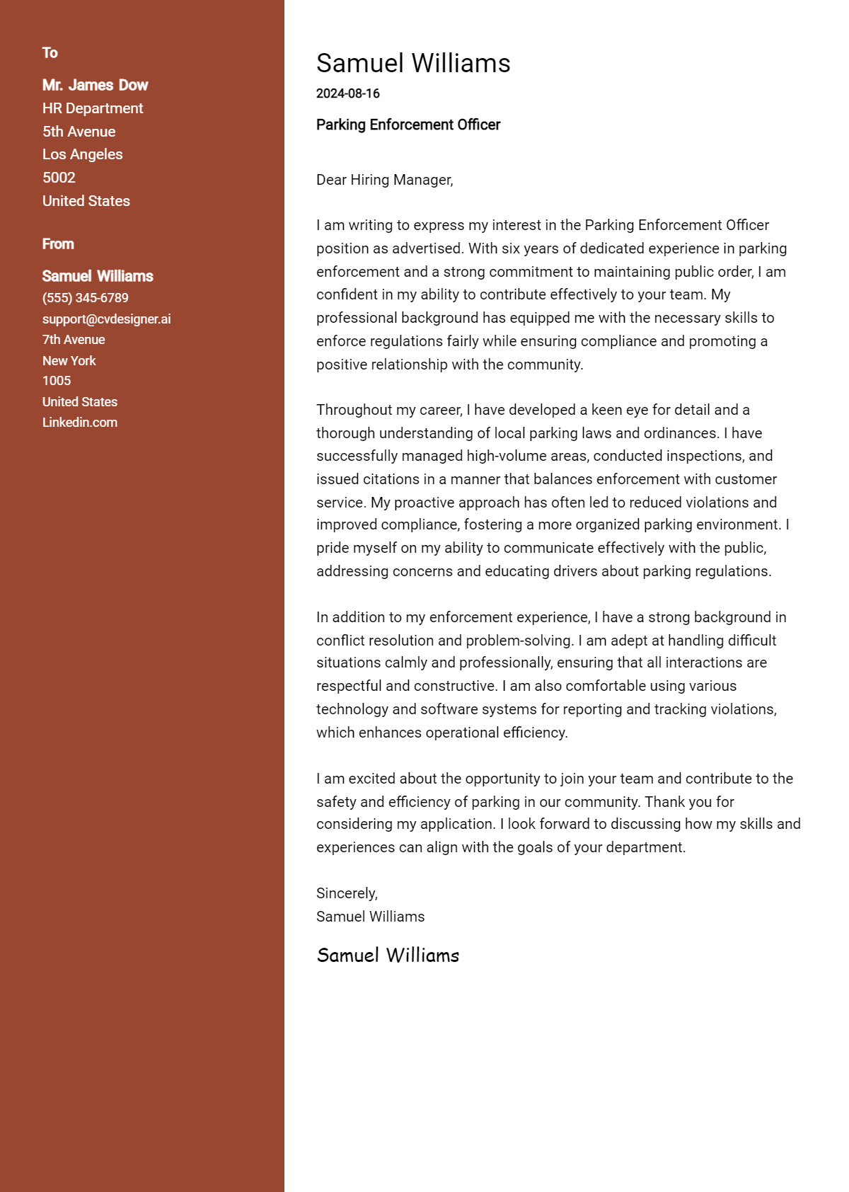 parking enforcement officer cover letter example