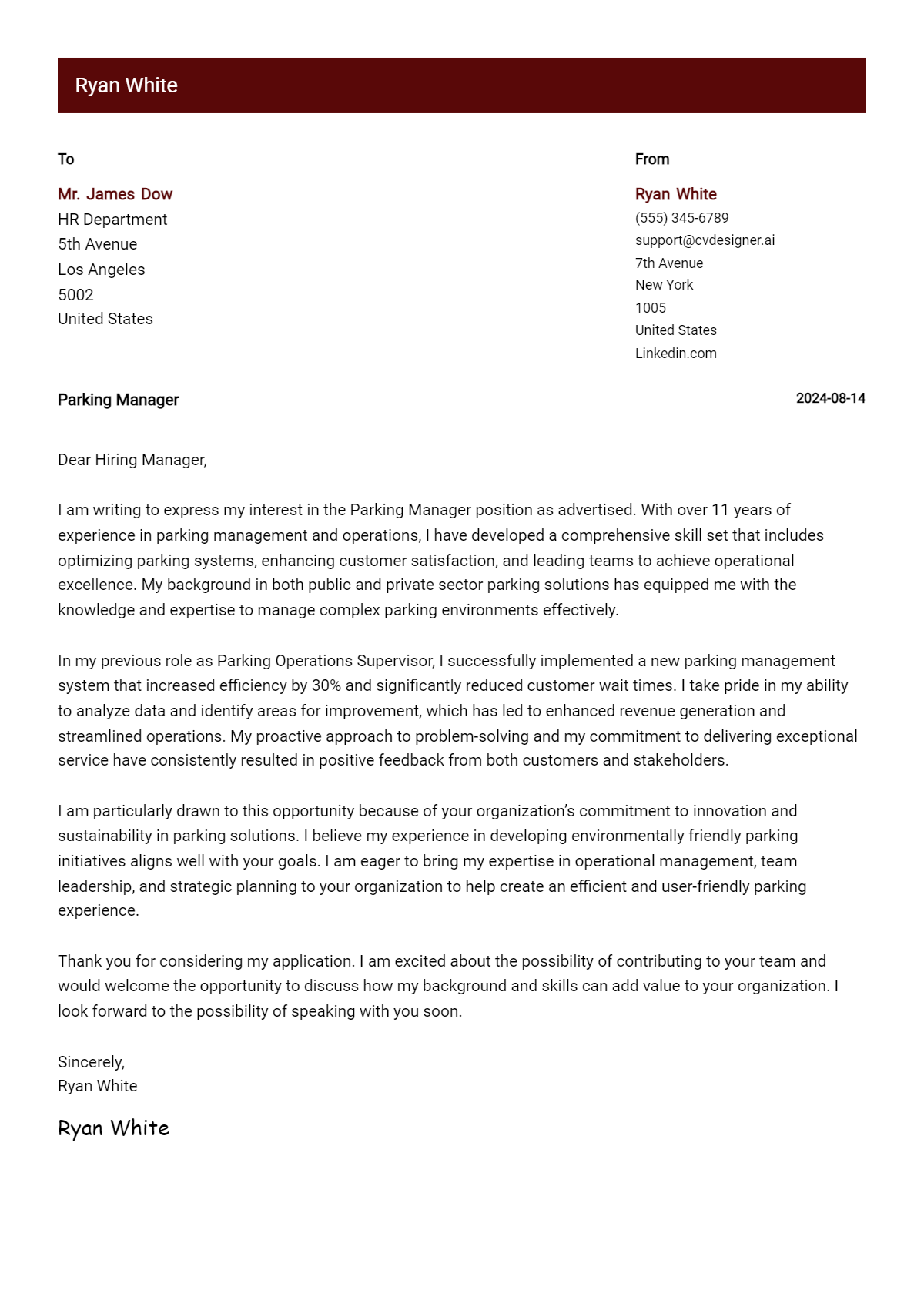 parking manager cover letter example