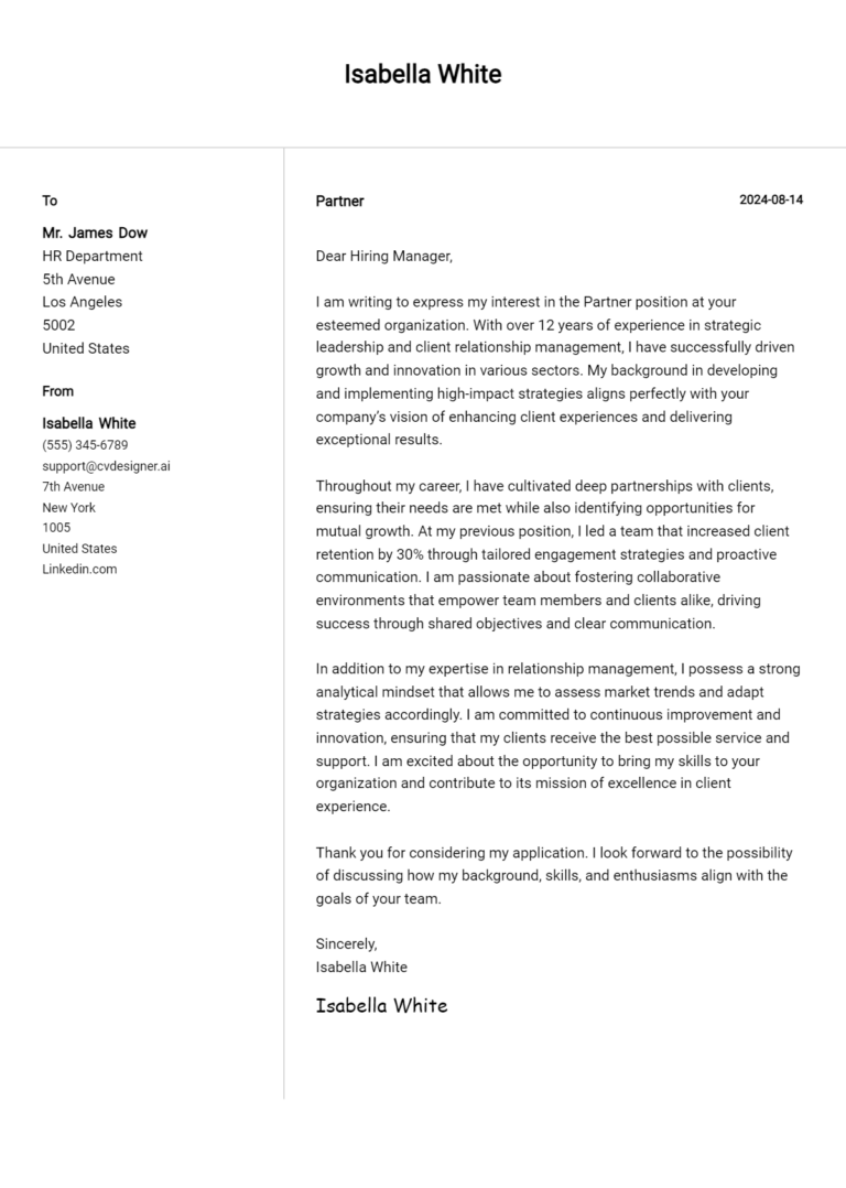 Partner Cover Letter Example for 2025: Expert Tips & Templates 1 Partner Cover Letter Example for 2025: Expert Tips & Templates
