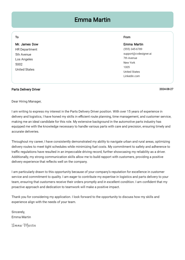 Parts Delivery Driver Cover Letter Example for 2025: Tips & Templates