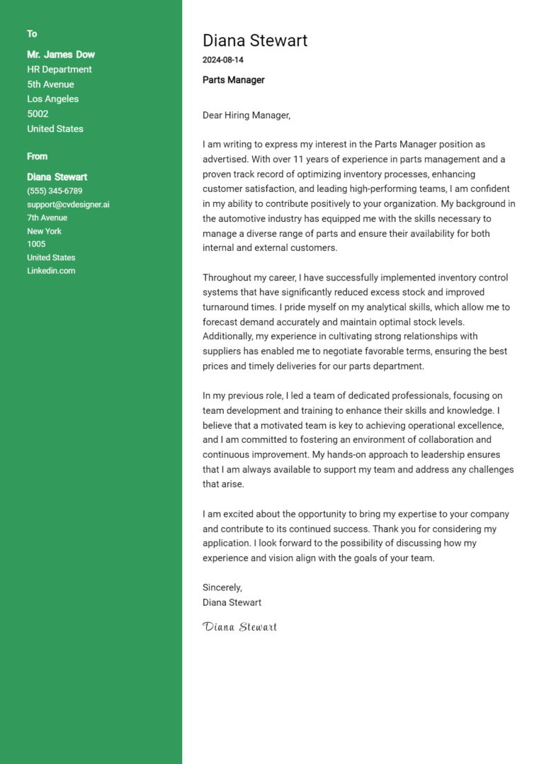 Parts Manager Cover Letter Example for 2025 (Free Templates) 1 Parts Manager Cover Letter Example for 2025 (Free Templates)