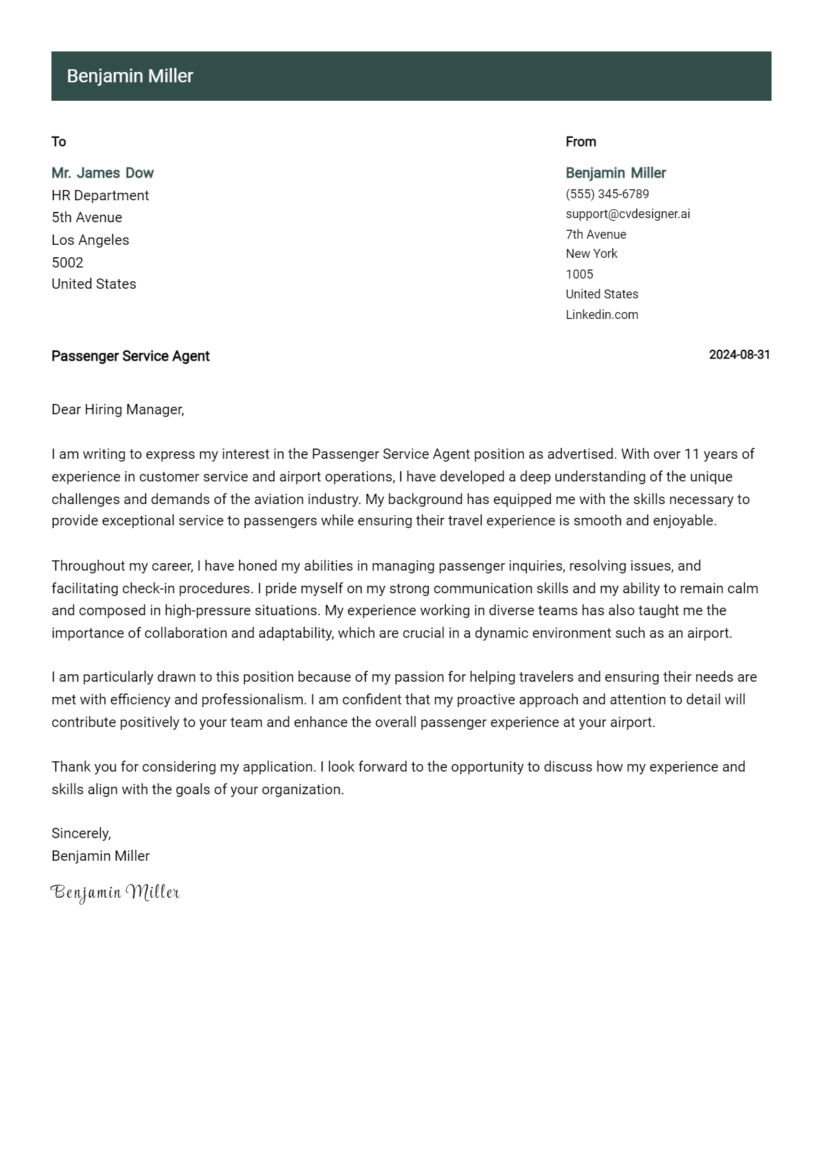 passenger service agent cover letter example