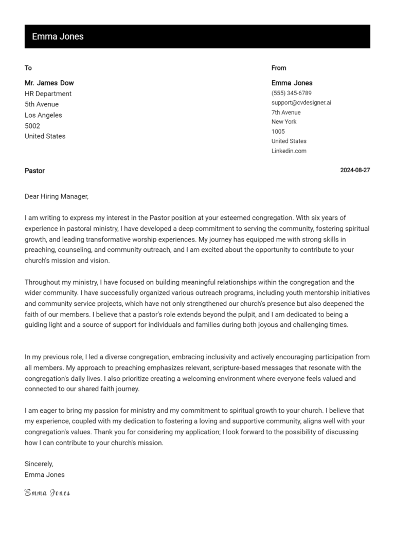 Pastor Cover Letter Example for 2025: Top CV Skills
