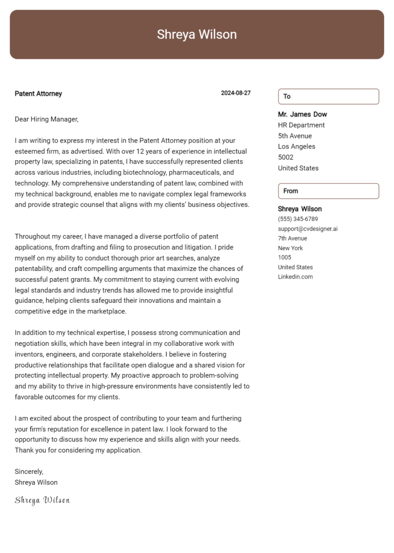 Patent Attorney Cover Letter Example for 2025: Top CV Skills