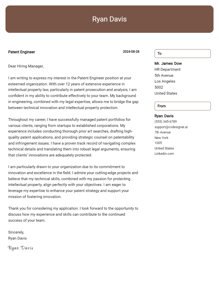 Patent Engineer Cover Letter Example for 2025 (Writing Guide) 1 Patent Engineer Cover Letter Example for 2025 (Writing Guide)
