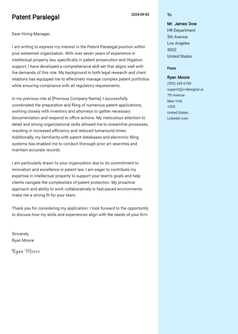 Patent Paralegal Cover Letter Example for 2025 (Free Templates)