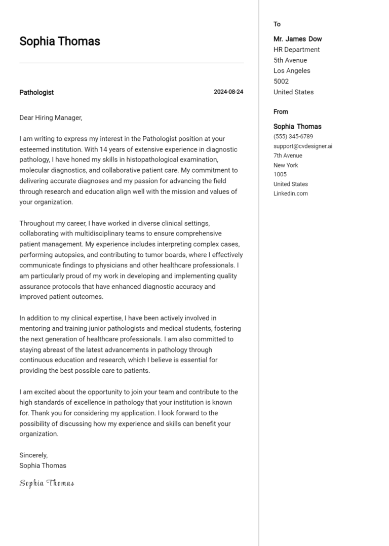 Pathologist Cover Letter Example for 2025 (Complete Writing Guide)