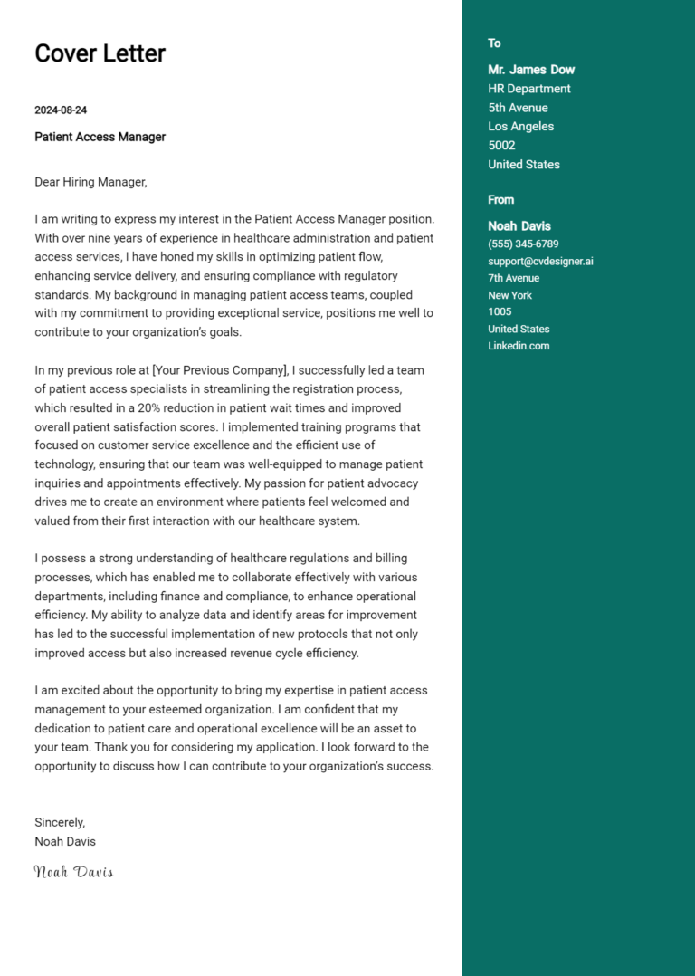 Patient Access Manager Cover Letter Example for 2025: Top CV Skills 1 Patient Access Manager Cover Letter Example for 2025: Top CV Skills