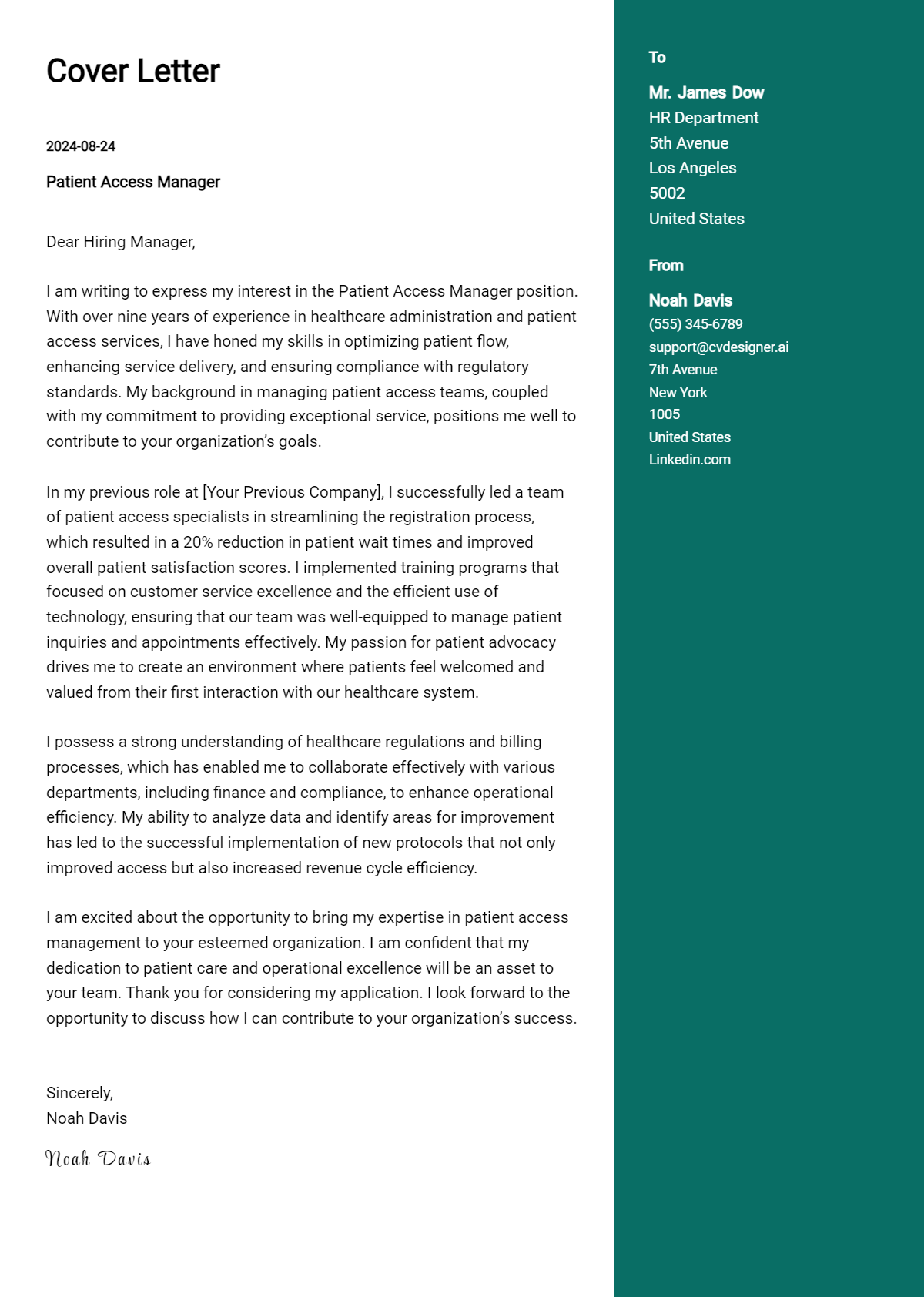 patient access manager cover letter example