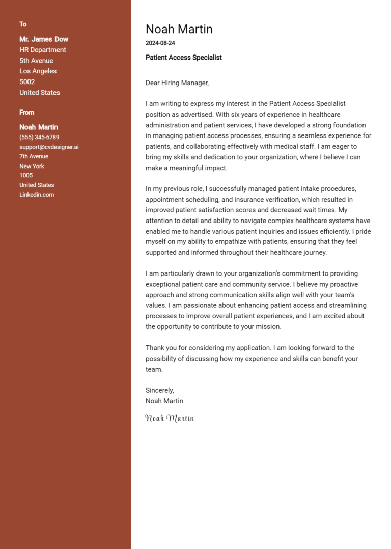 Patient Access Specialist Cover Letter Example for 2025 (Complete Writing Guide)