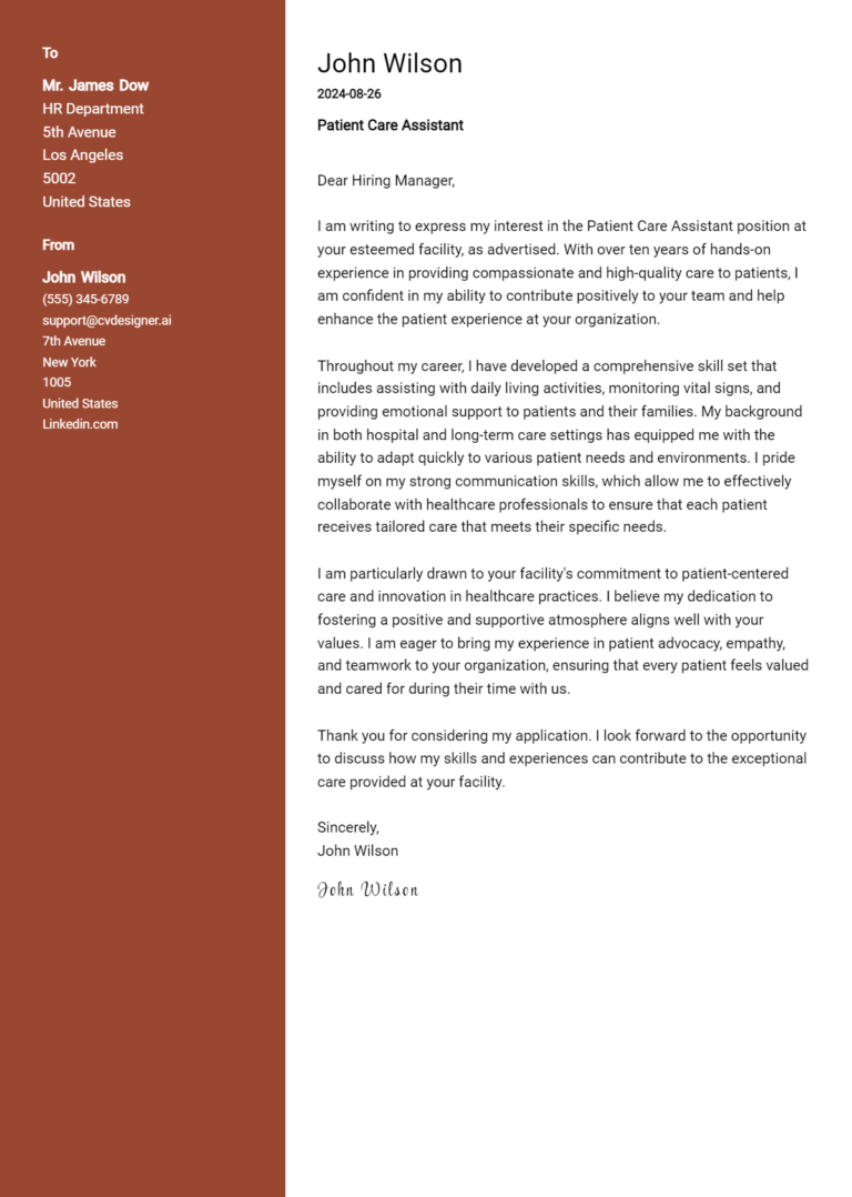 Patient Care Assistant Cover Letter Examples & Samples for 2025
