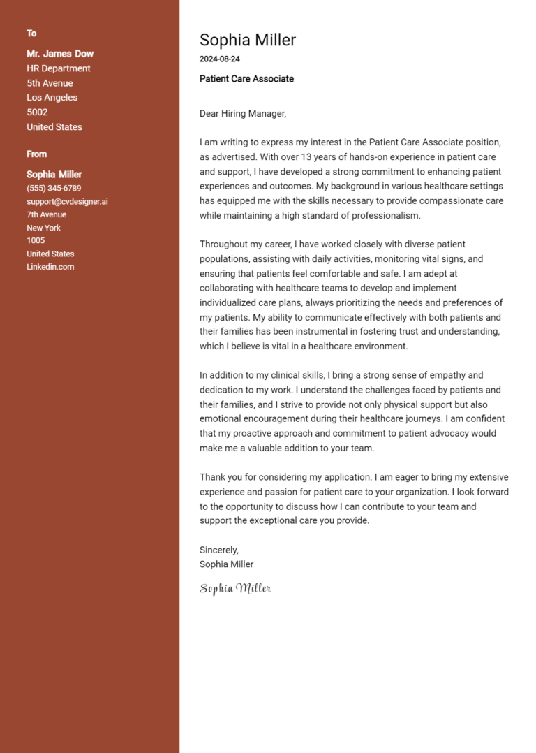 Patient Care Associate Cover Letter Example for 2025 (Complete Writing Guide)