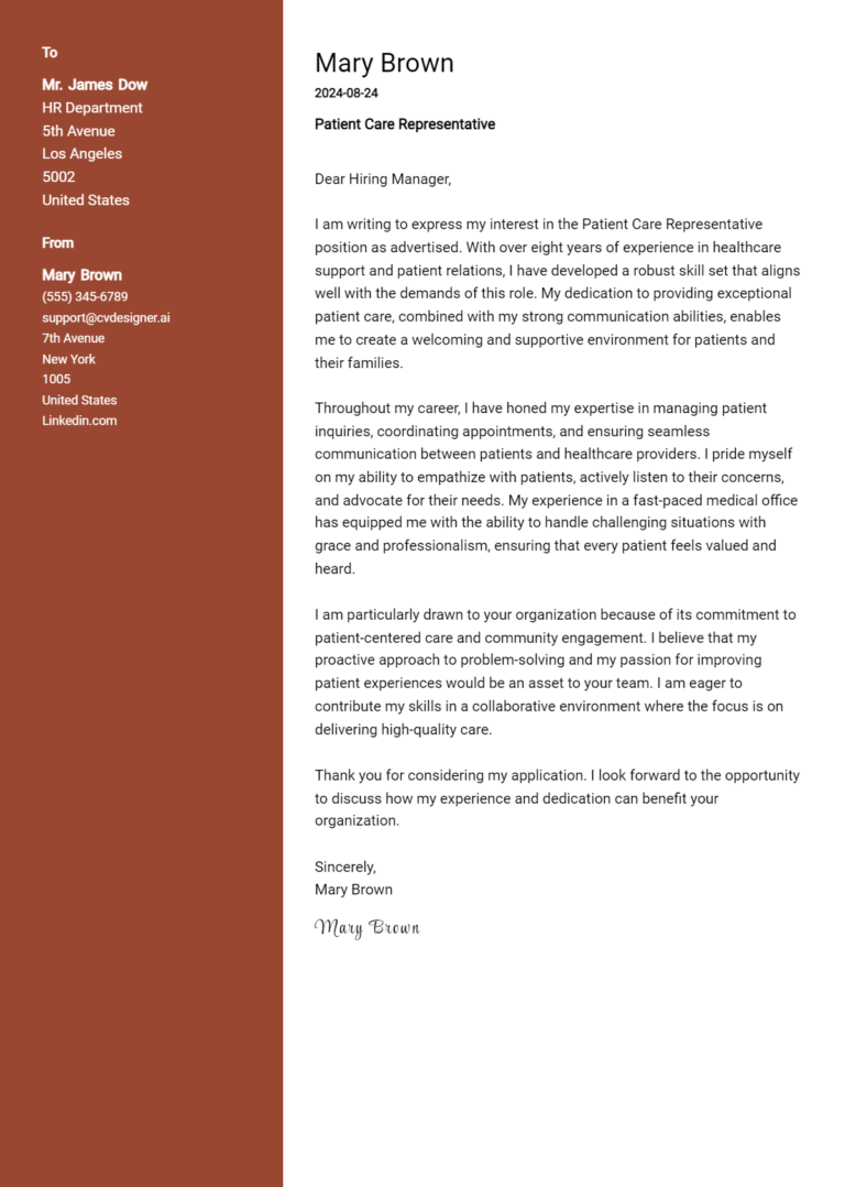 Patient Care Representative Cover Letter Example for 2025: Expert Tips & Templates