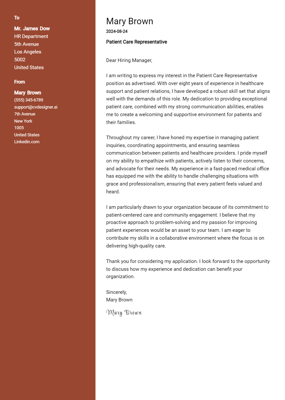 patient care representative cover letter example