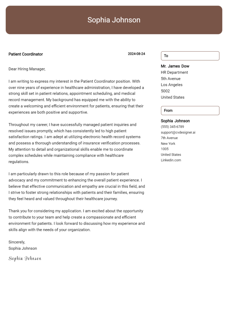 Patient Coordinator Cover Letter Example for 2025: Expert Tips & Templates