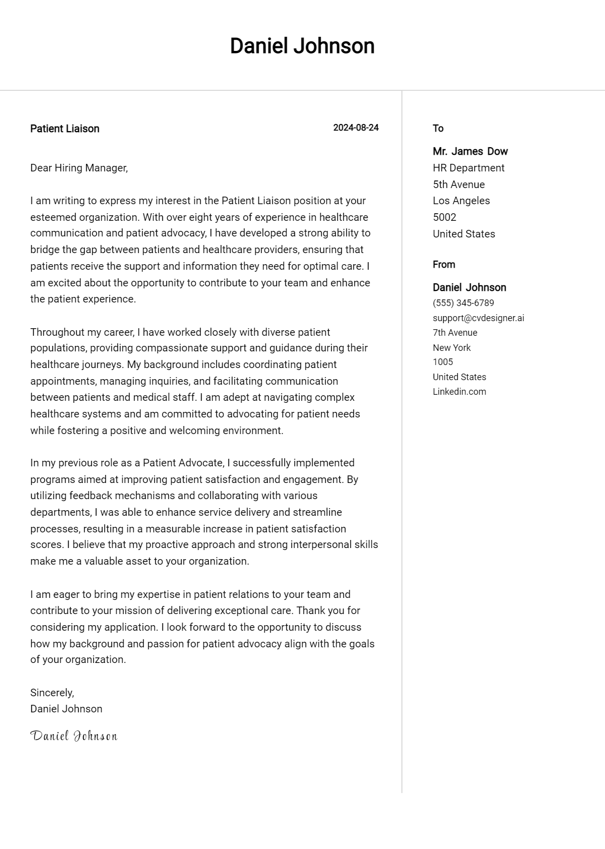 patient liaison cover letter example