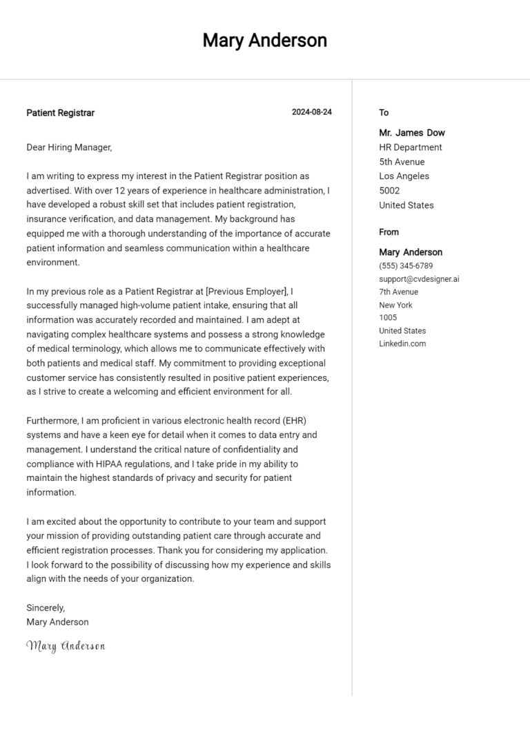 Patient Registrar Cover Letter Examples for 2025 (Downloadable)