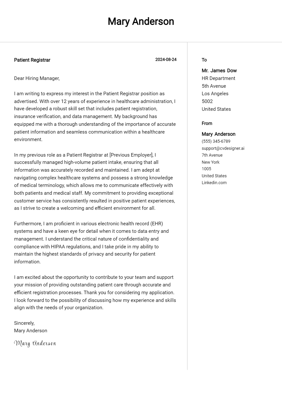 patient registrar cover letter example