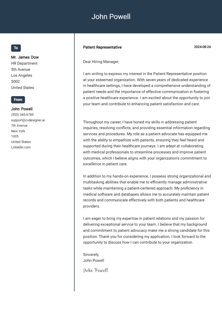 Patient Representative Cover Letter Example for 2025: Ultimate Guide