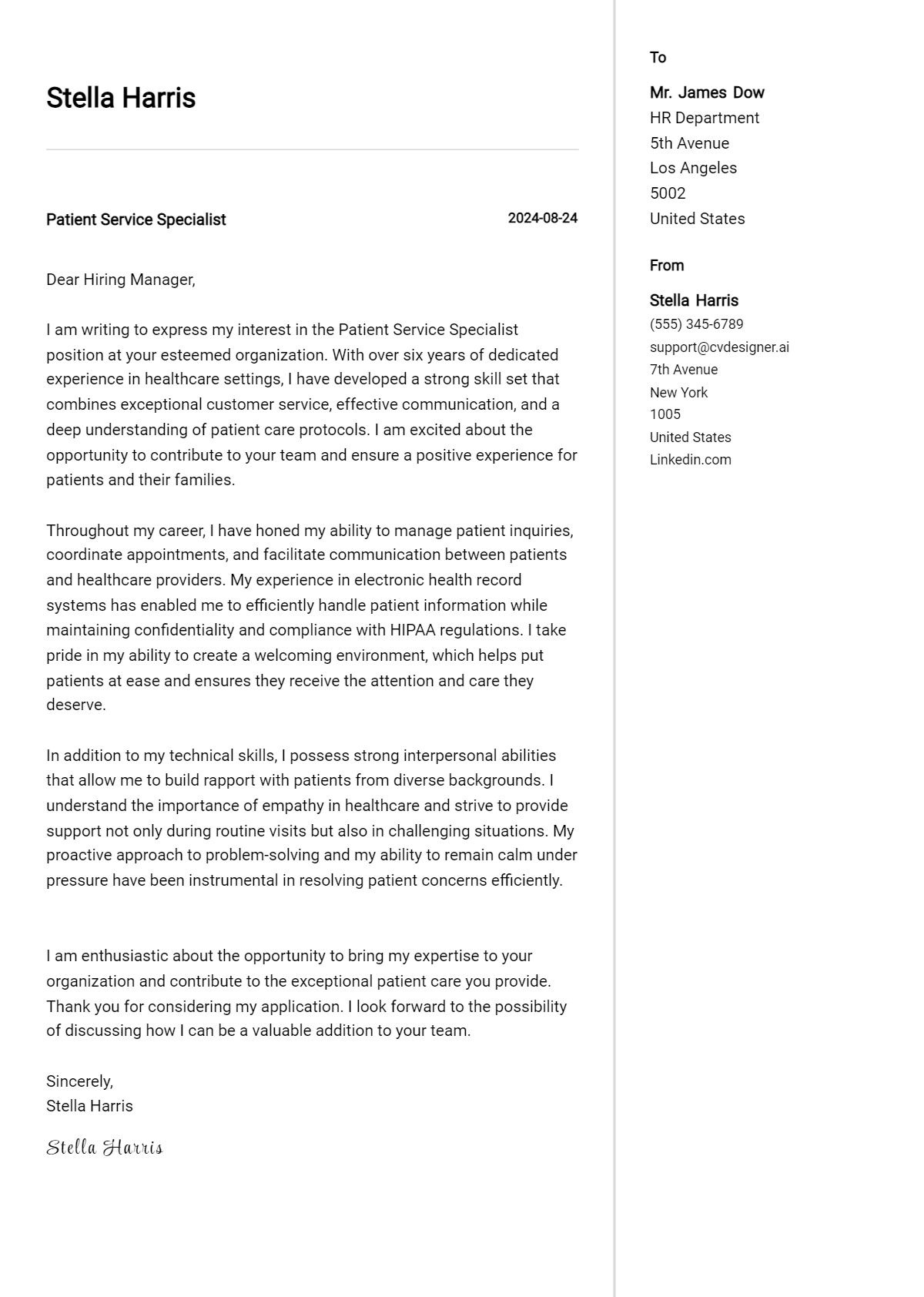 patient service specialist cover letter example