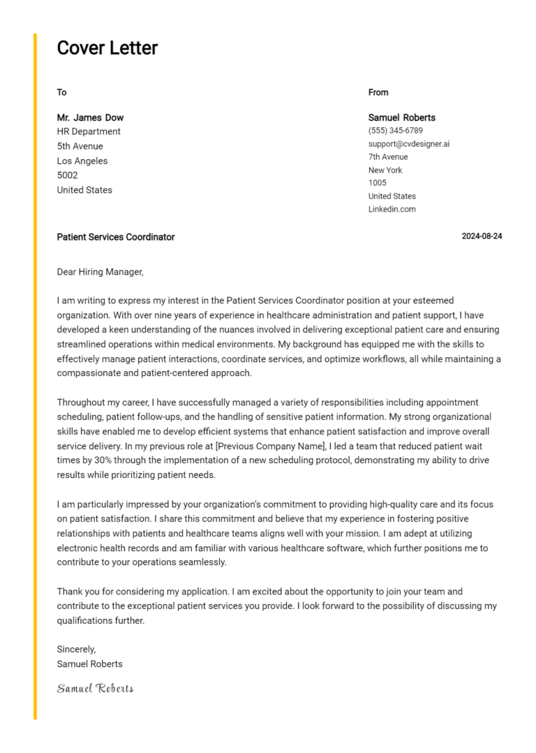 Patient Services Coordinator Cover Letter Example for 2025: Tips & Templates 1 Patient Services Coordinator Cover Letter Example for 2025: Tips & Templates