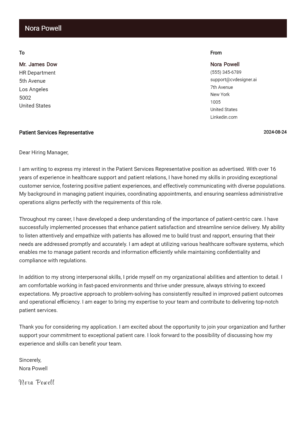patient services representative cover letter example