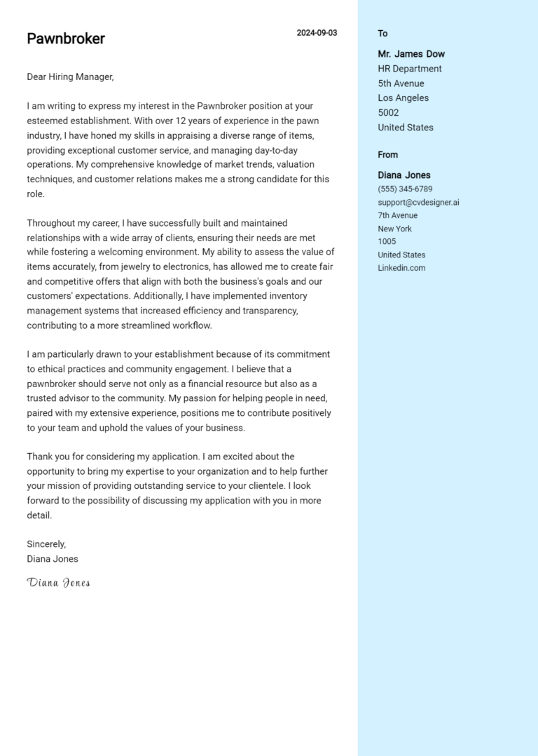 Pawnbroker Cover Letter Example for 2025 (Download Templates)