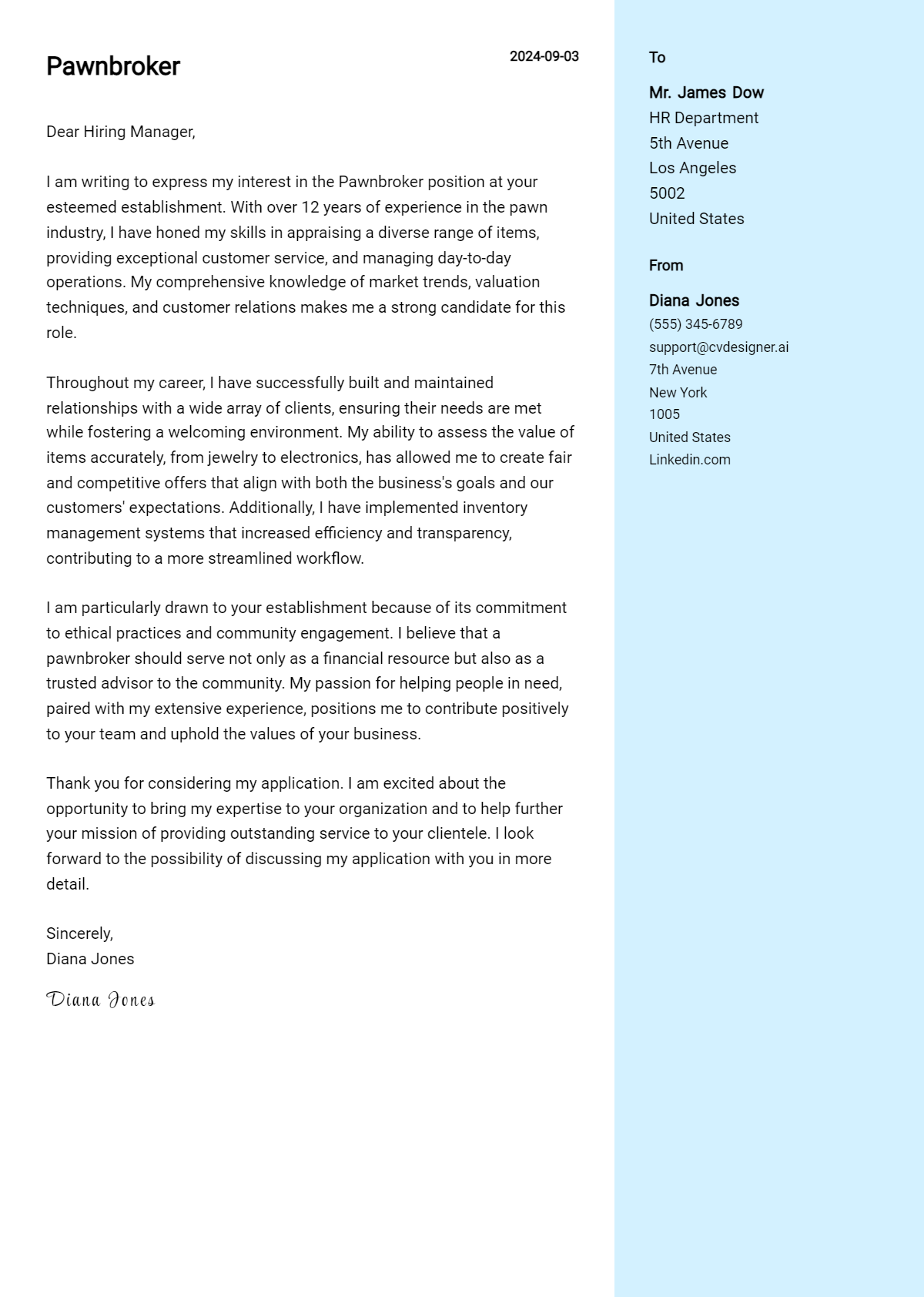 pawnbroker cover letter example