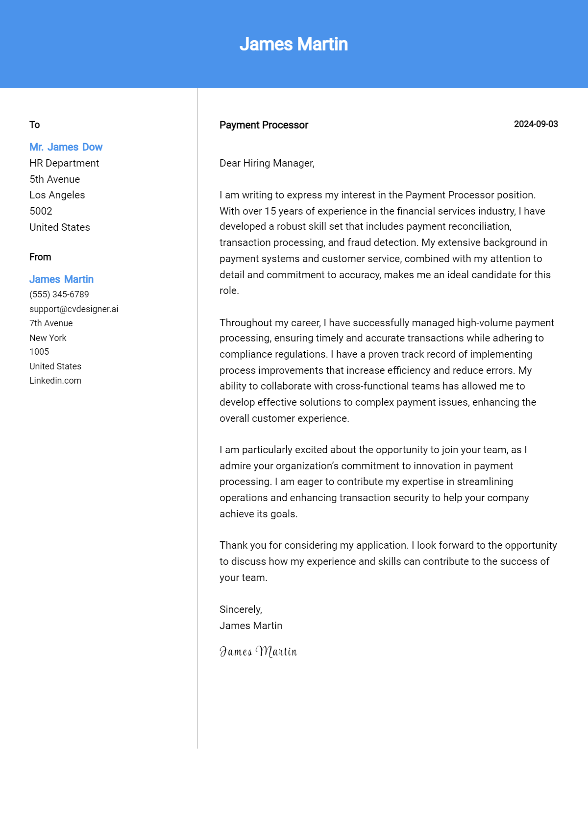 payment processor cover letter example