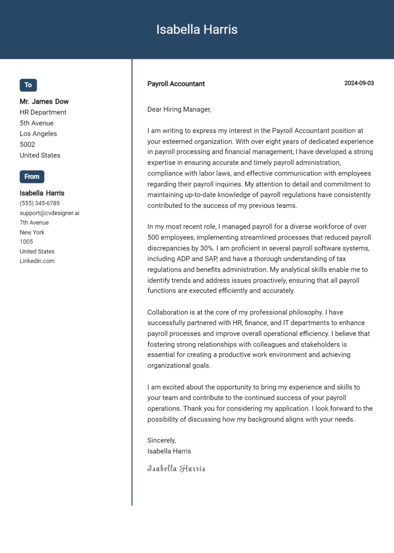 Payroll Accountant Cover Letter Example for 2025: Top CV Skills