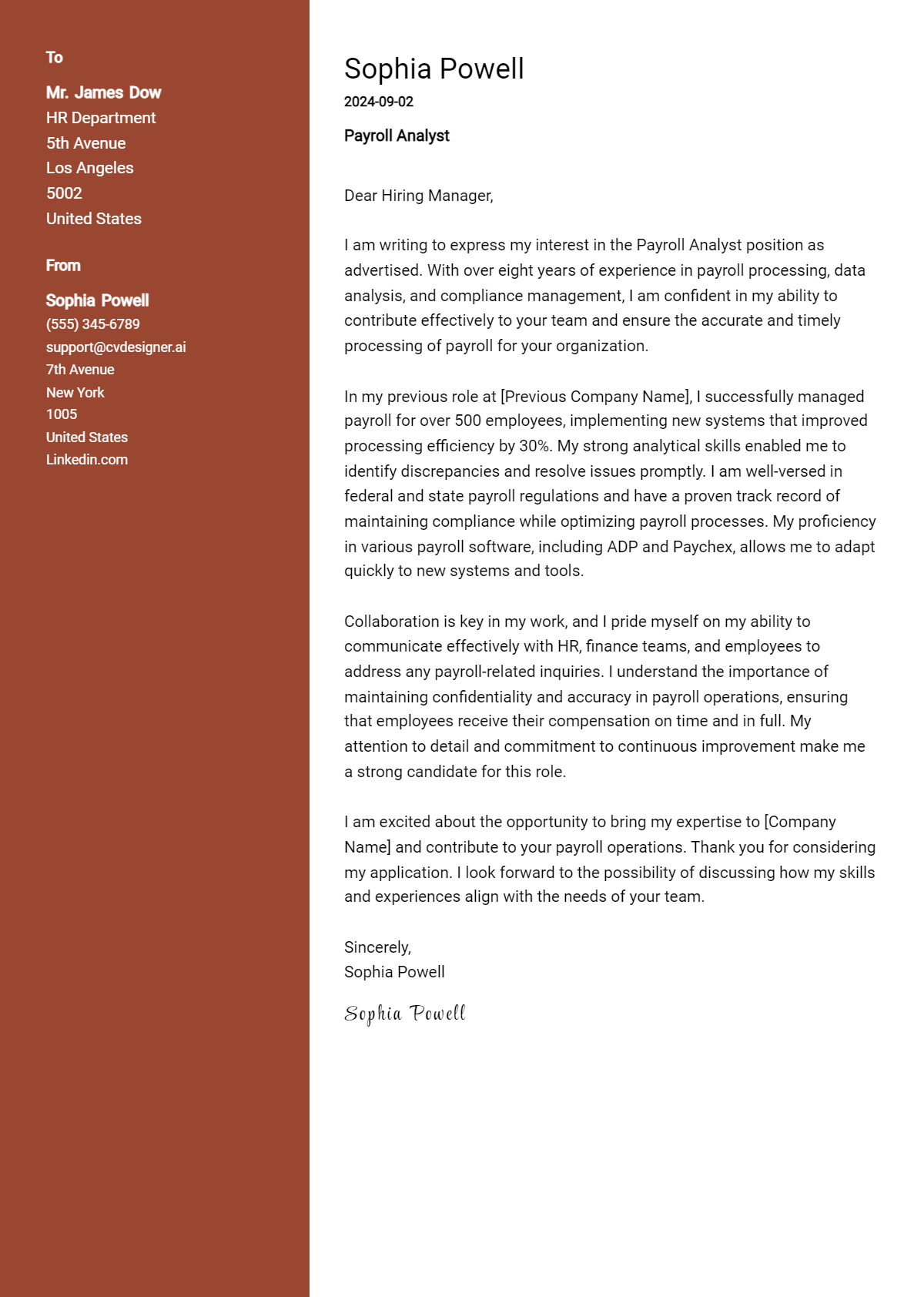 payroll analyst cover letter example