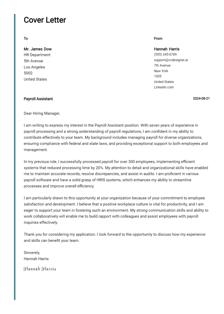 Payroll Assistant Cover Letter Example for 2025: Top CV Skills
