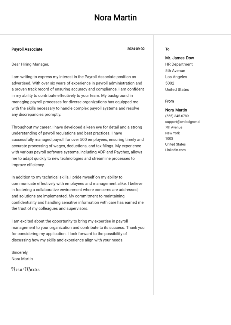 Payroll Associate Cover Letter Examples for 2025 (Downloadable)