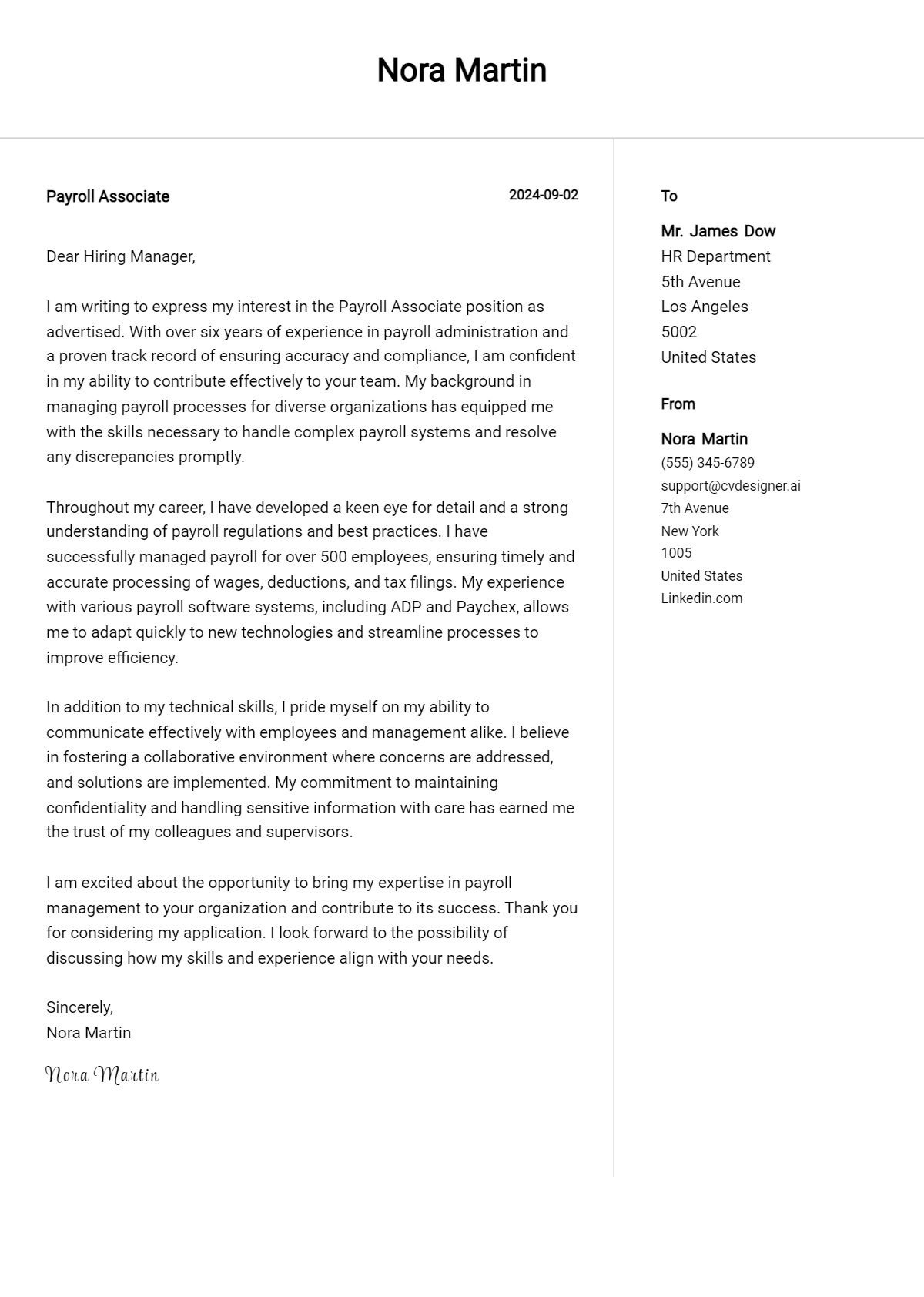 payroll associate cover letter example