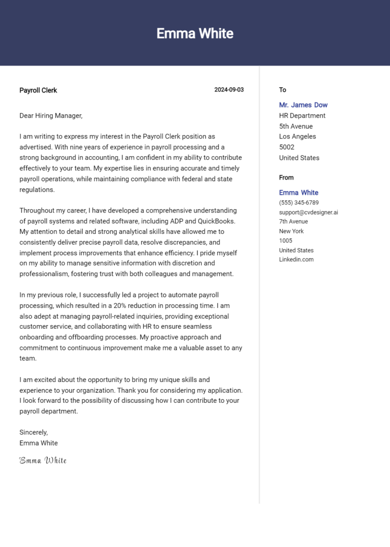 Payroll Clerk Cover Letter Examples and Templates for 2025
