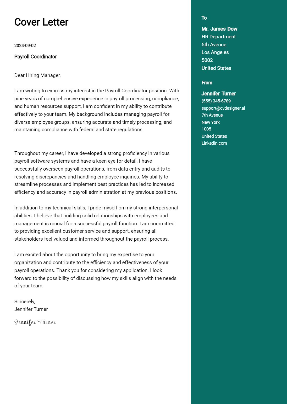 payroll coordinator cover letter example