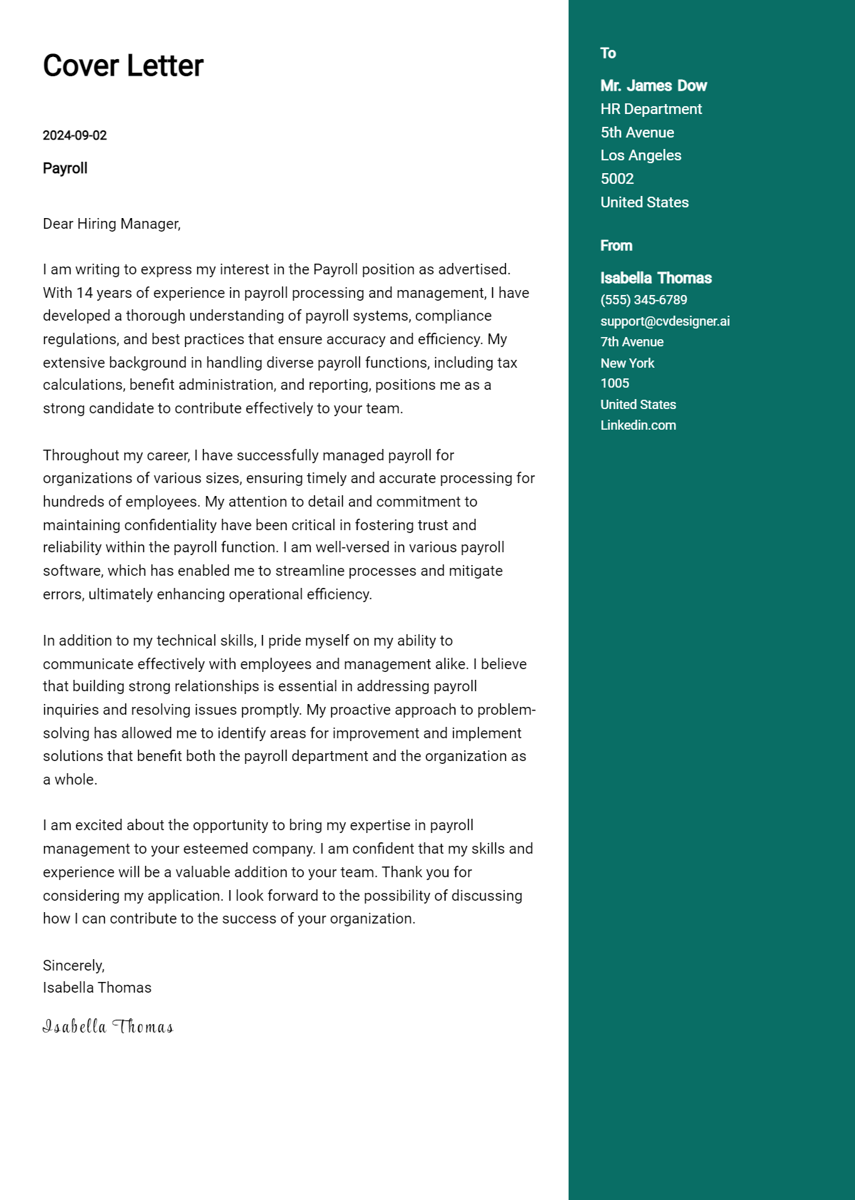 payroll cover letter example