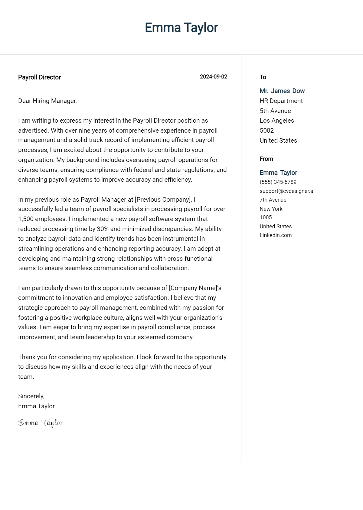 payroll director cover letter example