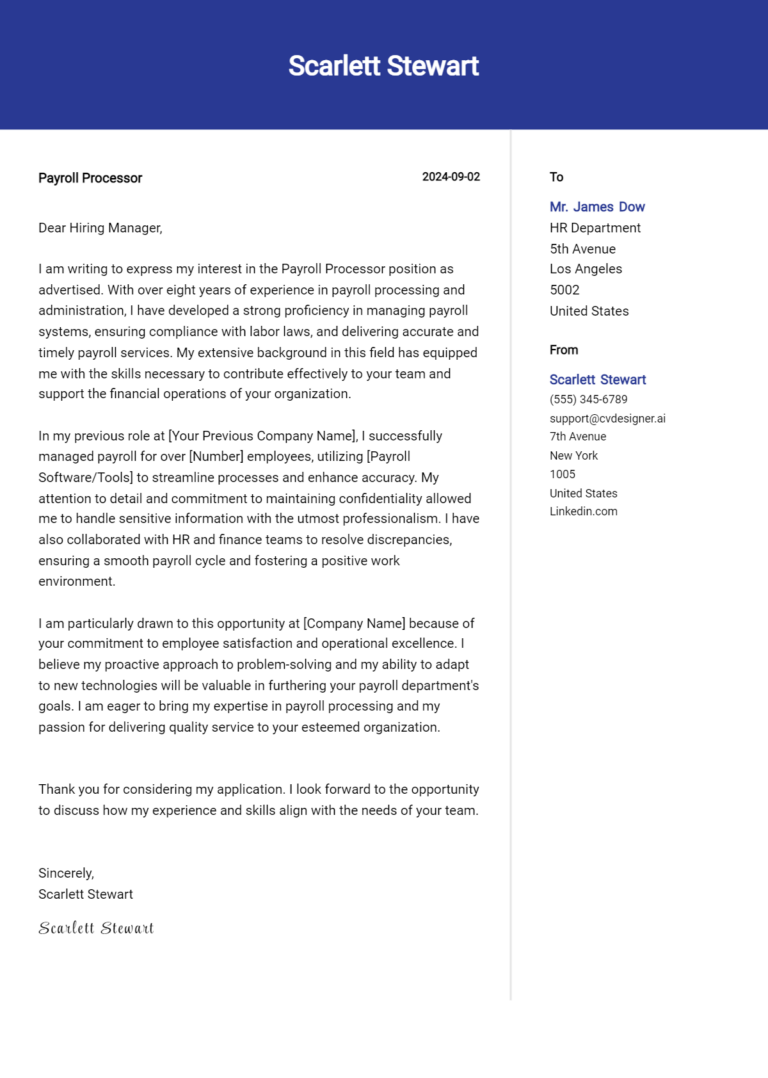 Payroll Processor Cover Letter Example for 2025 (Download Templates)