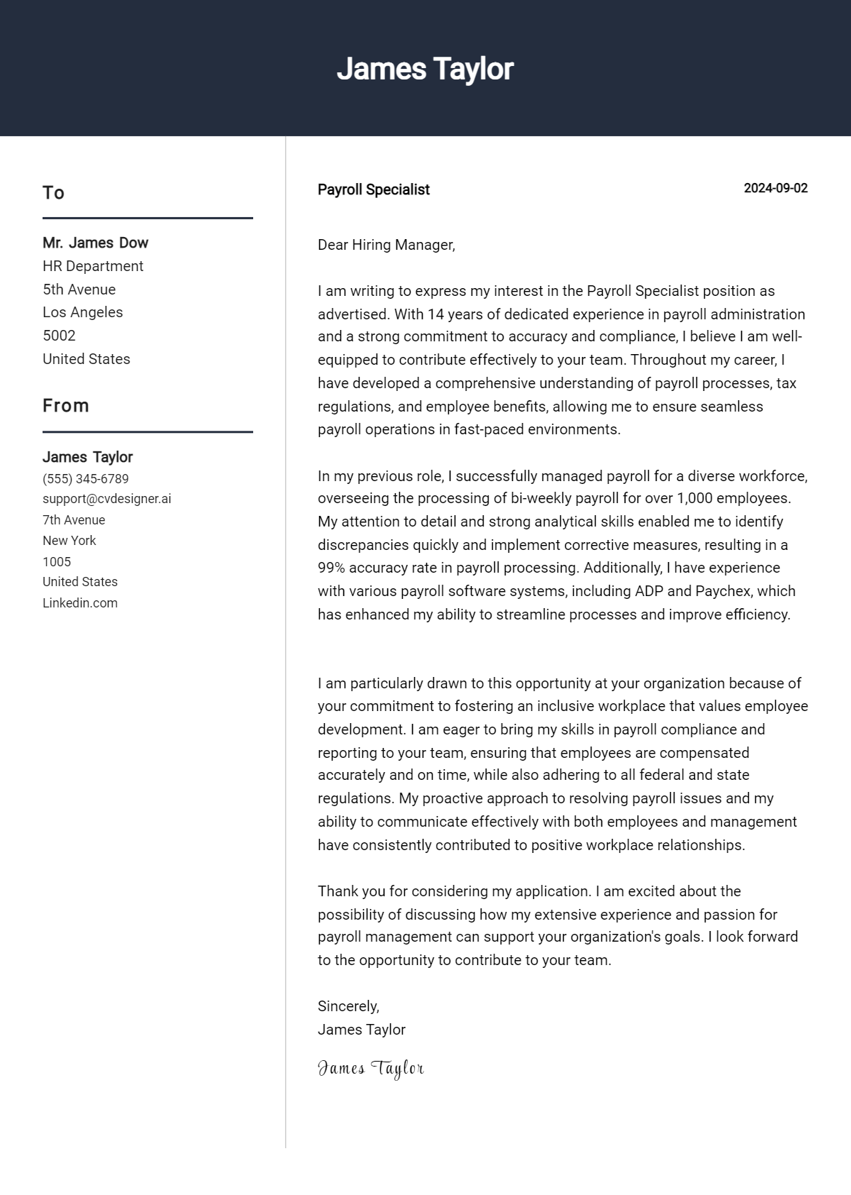payroll specialist cover letter example