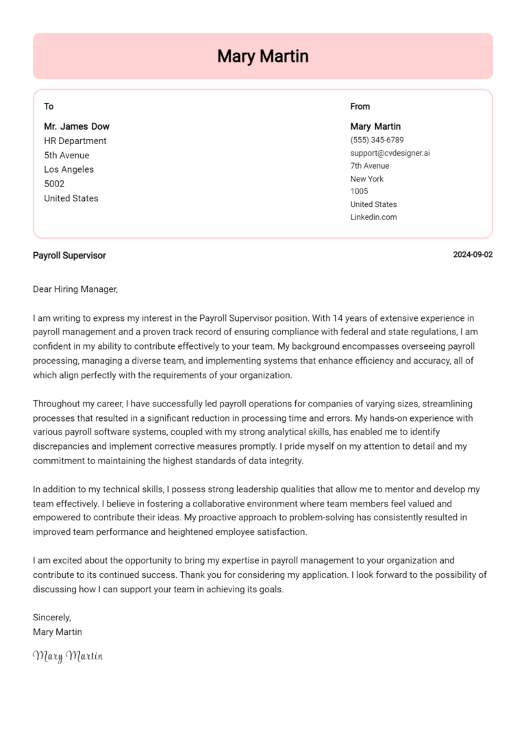 Payroll Supervisor Cover Letter Samples & Examples 2025