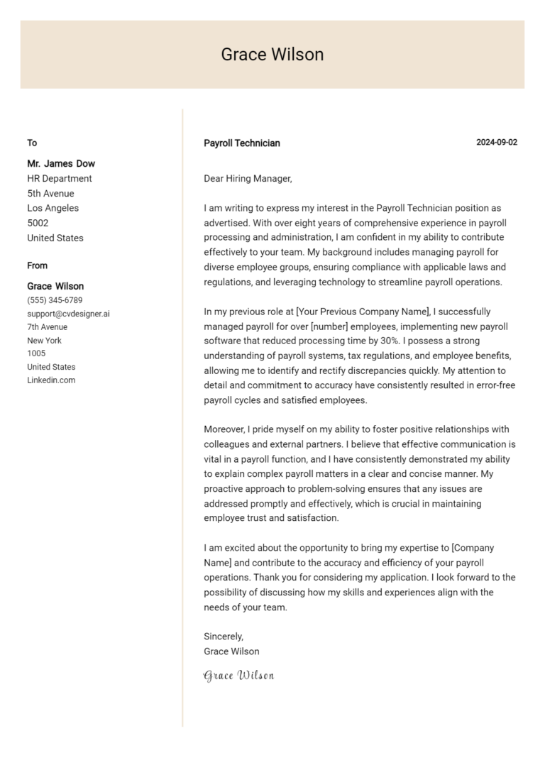 Payroll Technician Cover Letter Example for 2025: Proven Tips
