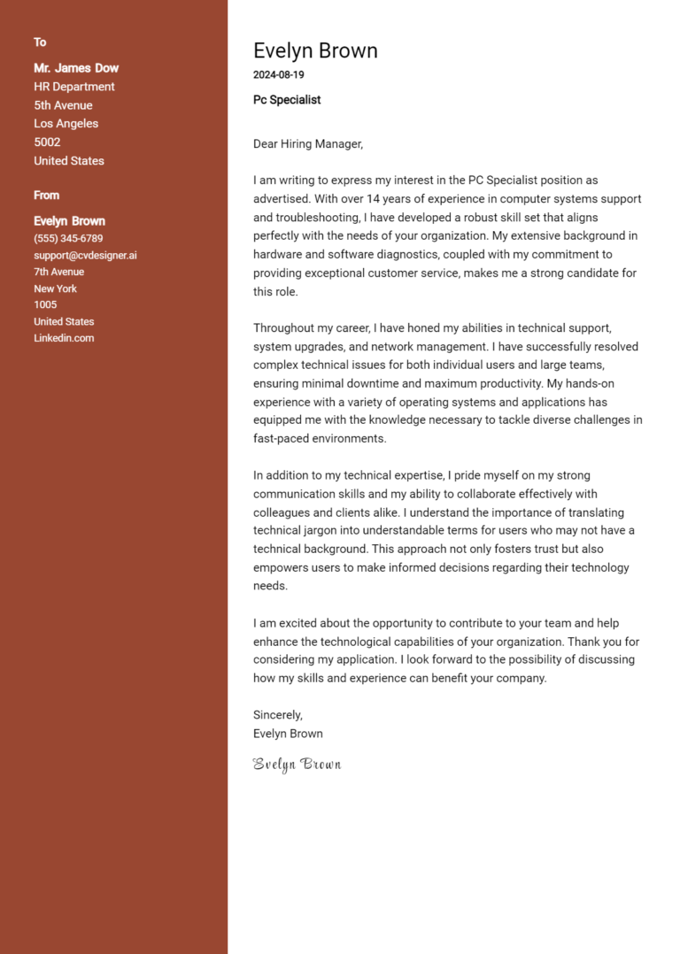 Pc Specialist Cover Letter Example for 2025 (Complete Writing Guide)
