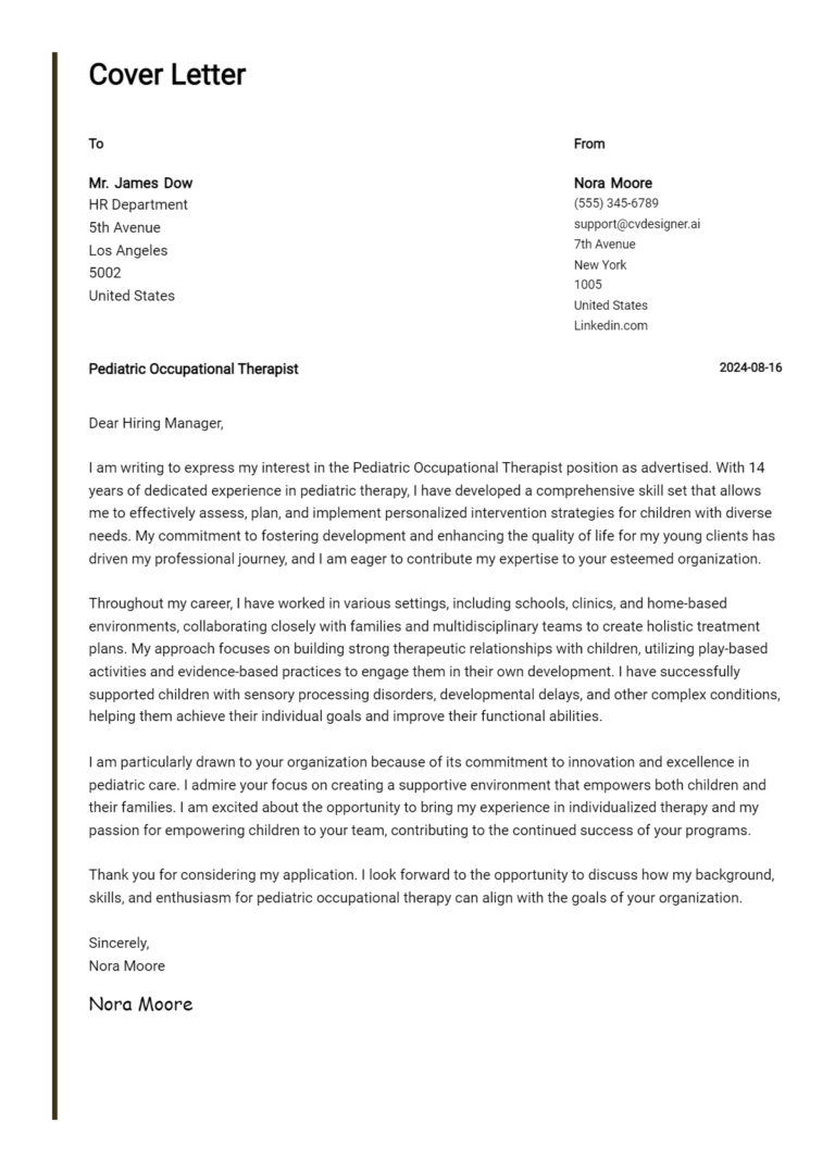 Pediatric Occupational Therapist Cover Letter Example for 2025 (Writing Guide) 1 Pediatric Occupational Therapist Cover Letter Example for 2025 (Writing Guide)
