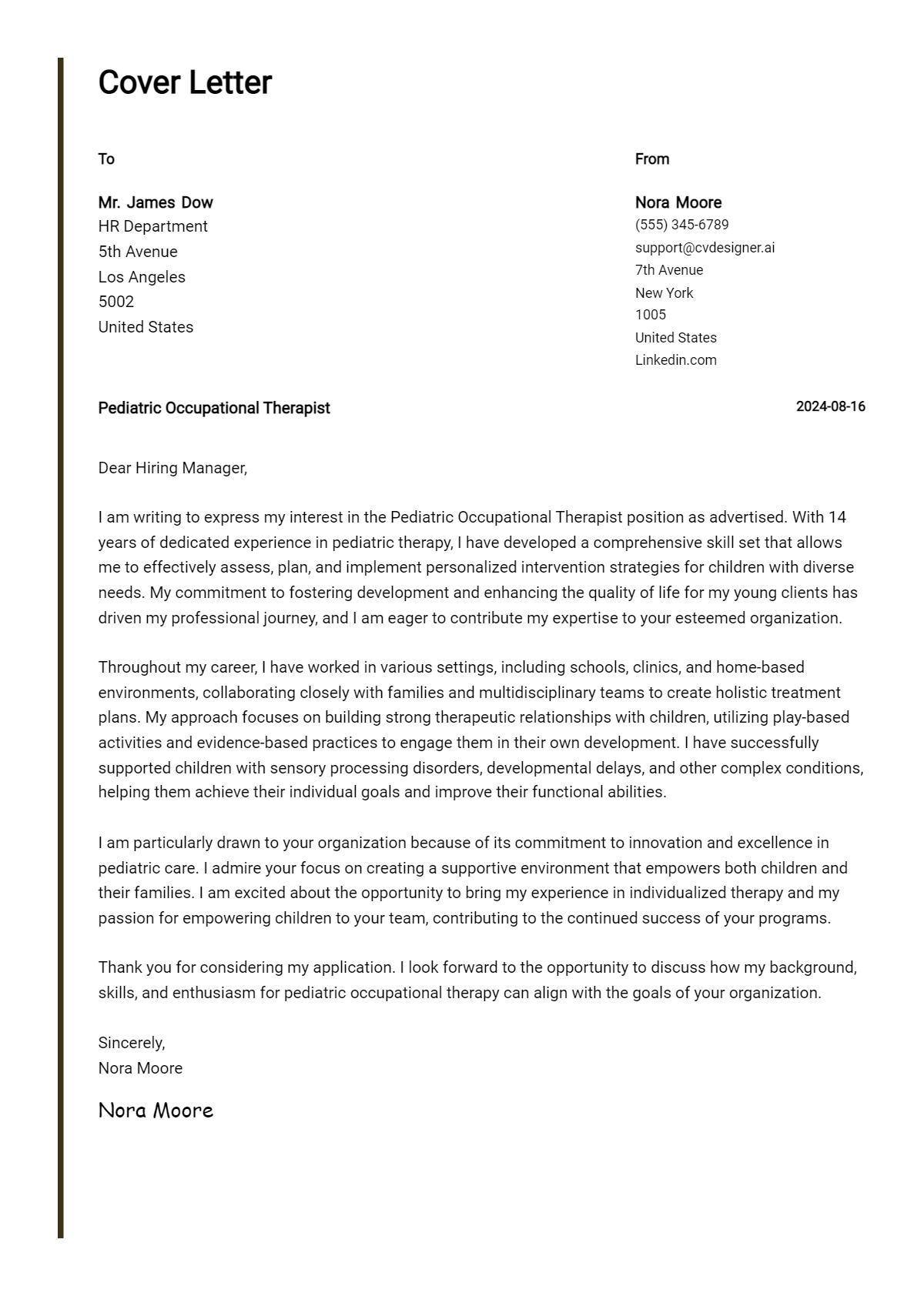 pediatric occupational therapist cover letter example